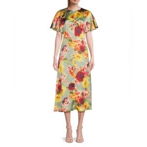 BCBG Floral Flared Sleeve Midi Dress